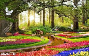 Tranh gắn tường vườn hoa tulip và nai đẹp nhất in kính