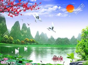 Tranh sơn thủy thiên nga và chim hạc trên hồ nước in kính