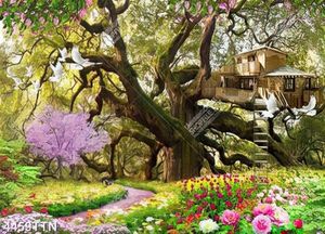 Tranh ngôi nhà gỗ trên cây giữ vườn hoa tuilip đẹp nhất