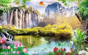Tranh sơn thủy hữu tình thác nước và hoa