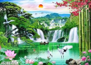 Tranh sơn thủy tre và chim hạc chất lượng cao