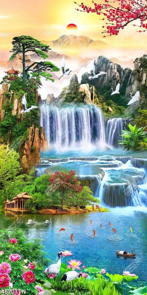 Tranh hoa hồng và chim hạc bên thác nước