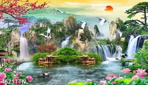 Tranh phong cảnh ngôi nhà gỗ dưới thác nước đẹp