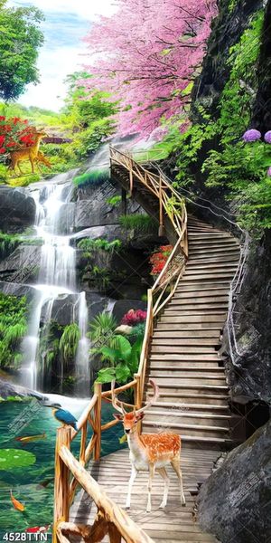 Tranh trang trí tường cây cầu gỗ dẫn lên thác nước in kính