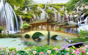 Tranh phong thủy chùa cầu bắt qua đầm sen chất lượng cao