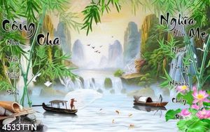 Tranh sơn thủy thư pháp CÔNG CHA NGHĨA MẸ