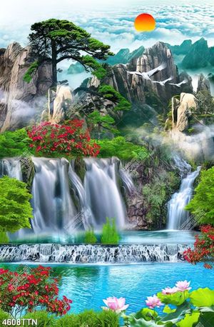 Tranh in phong thủy thác nước bên hoa lá