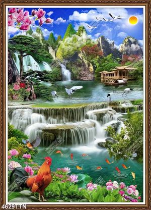 Tranh phong cảnh chú gà trôngs bên thác nước đẹp nhất
