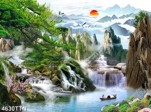 Tranh người lái đồ bên núi rừng hùng vĩ in uv