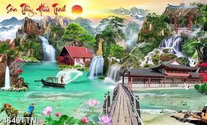 Tranh phong thủy sông núi thư pháp chất lượng cao