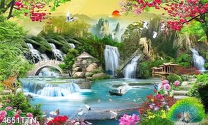 Tranh nghệ thuật thác nước và hoa nở rộ chất lượng cao