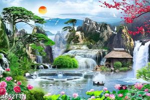 Tranh sơn thủy ngôi nhà nhỏ dưới chân thác nước đẹp nhất