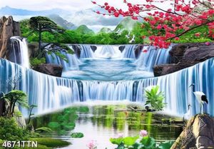 Tranh phong cảnh thác nước bên con sông xanh và hoa đào đỏ in kính
