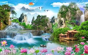 Tranh thiên nhiên ngôi nhà gỗ bên hồ sen in kính