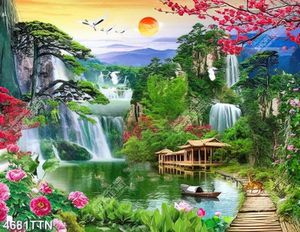 Tranh thiên nhiên hoa lá nở rộ bên thác nước nhỏ in kính