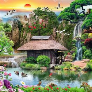 Tranh ngôi nhà nhỏ bên hồ nước đầy hoa