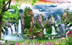 Tranh thiên nhiên sơn thủy hữu tình người lái đò bên thác nước và hoa
