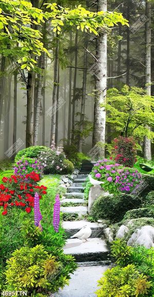 Tranh thiên nhiên lối nhỏ giữ vườn hoa in 3D