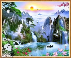 Tranh sơn thủy những đàn cò trắng bay trên đỉnh núi và thác nước đẹp nhất
