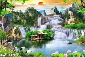 Tranh phong thủy thác nước và chim hạc bên hồ nước in uv