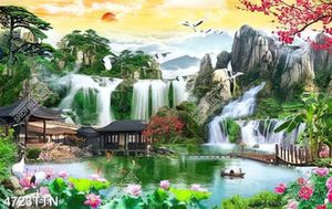 Tranh phong thủy hoa sen bên nhà gỗ dưới chân thác nước đẹp