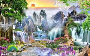 Tranh sơn thủy nghệ thuật hoa ỏi hương và chim công khoe sắc bên thác nước