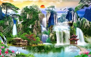 Tranh phong cảnh thiên nhiên thác nước bên nhà gỗ in 3D
