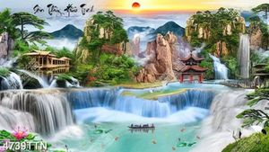 Tranh thiên nhiên người lái đó dưới chân thác nước nghệ thuật