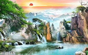 Tranh sơn thủy núi rừng và thác nước chất lượng cao
