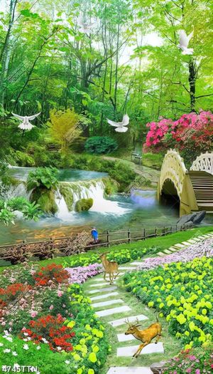 Tranh phong cảnh cây cầu gỗ giữa vườn hoa in 3D
