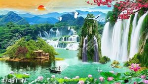 Tranh phong cảnh thiên nhiên hoa sen và hoa đào bên thác nước đẹp nhất
