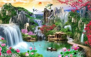 Tranh cây cầu gỗ dẫn vào nhà gỗ dưới chân núi chất lượng cao
