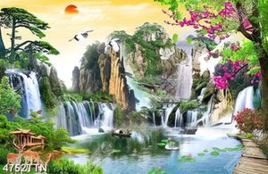 Tranh sơn thủy người lái đò và thiên nga trên hồ nước nghệ thuật