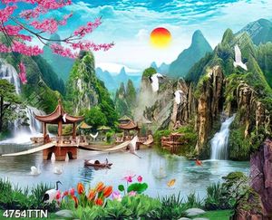 Tranh sơn thủy chim hạc và hoa đào in 3D