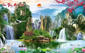 Tranh sơn thủy hữu tình kỳ lân bên hồ sen file PSD
