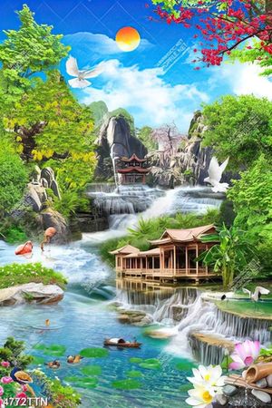 Tranh sơn thủy mùa xuân thác nước và hoa đào nở rộ in kính