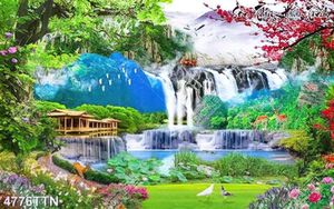 Tranh phong cảnh con đường dầy hoa bên thác nước hùng vĩ