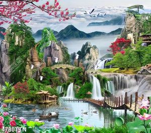 Tranh sơn thủy hữu tình hoa đào đỏ và cò trắng trên đỉnh núi