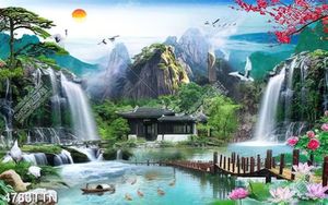 Tranh sơn thủy decor thác nước và cá coi in uv