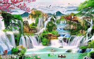 Tranh sơn thủy những thác nước và cò bay trên đỉnh đồi in uv