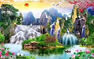 Tranh sơn thủy hữu tình chim hạc và hoa sen in kính