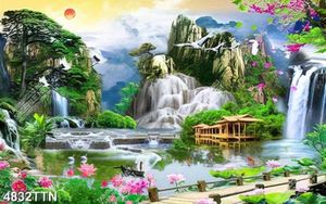 Tranh sơn thủy chài lưới bên hồ sen đẹp nhất in uv