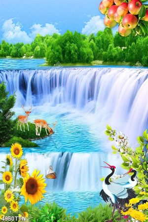 Tranh hoa hướng dương khoe sắc bên thác nước