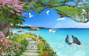 Tranh dán tường cá heo trên biển cảnh con đường hoa