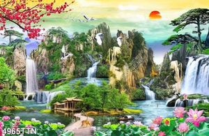Tranh sơn thủy ngôi nhà gỗ dưới chân thác in uv