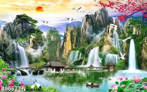 Tranh sơn thủy nghệ thuật thác nước bên núi đồi hùng vĩ