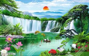 Tranh thiên nhiên thác nước và thuyền chài file PSD