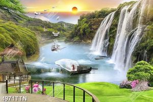 Tranh gắn tường thuyền chài dưới chân thác chất lượng cao