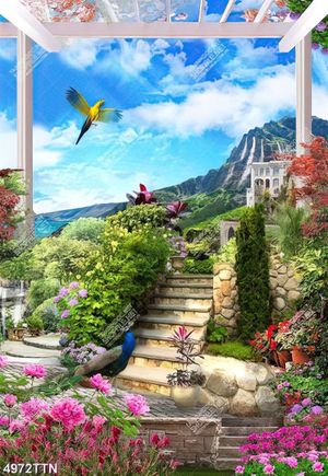Tranh dán tường ban công hoa nhìn ra đỉnh núi chất lượng cao