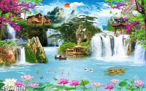 Tranh decor những ngôi nhà gỗ trên đỉnh thác chất lượng cao